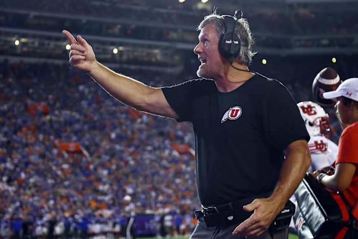 Utah Utes head coach Kyle Whittingham reacts during the second half against the Florida Gators at Steve Spurrier-Florida Field.